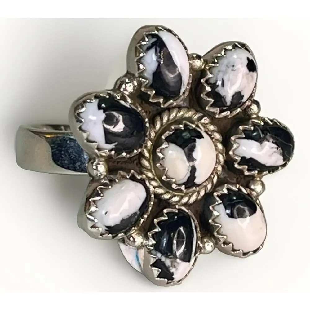 White Buffalo Turquoise Sterling Silver Cluster Ring Adjust Sz Southwestern 925